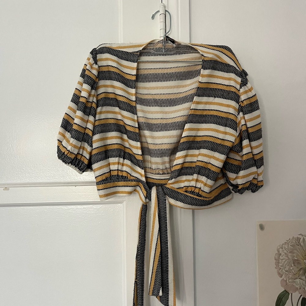 Striped Puff Sleeve Tie-Front Top
